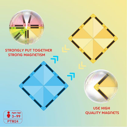 PicassoTiles Magnet Tile Building Blocks Mini Diamond Series Magnetized Toy Travel Size Compact Portable Magnetic Construction Block STEM Sensory Toy Early Education Learning Kids Ages 3+ PTM24
