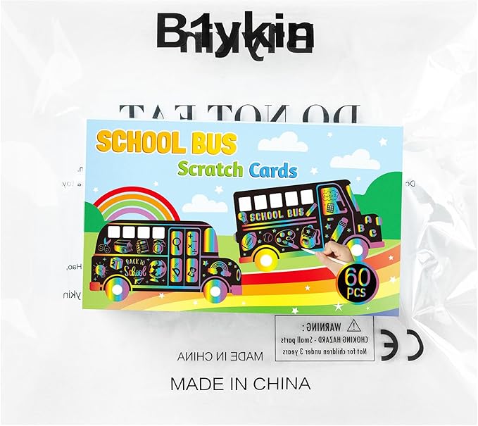B1ykin School Bus Scratch Cards Gift - Back to School Magic Bus Scratch Paper Art Kit for Kids, DIY First Day of School Scratch Off Hanging Card Party Favors for Classroom Activity Art Project