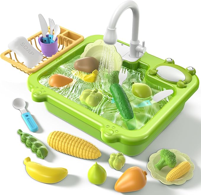 Play Sink with Running Water, Toddler Toy Sink with Electric Faucet & Play Kitchen Accessories, Pretend Play Toys, Play Dishwasher Water Toys for Toddlers Kids Boy Girl Birthday Gift