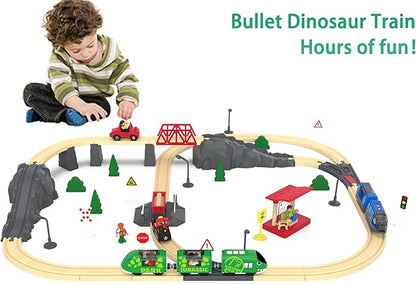 Toy Train Set for Wooden Tracks, Battery Operated Train for Toddlers, Motorized Train with Dinosaur Train for Kids, Electric Train Toy Compatible with Thomas & Friends, Brio