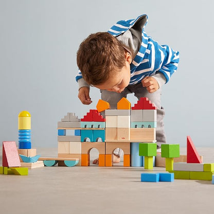 HABA Colored Wooden Building Blocks- Set of 85 Piece Set of Wooden Toys, Stacking Toys for Toddlers 1-3 Ideal Open Ended Toys (Made in Germany)