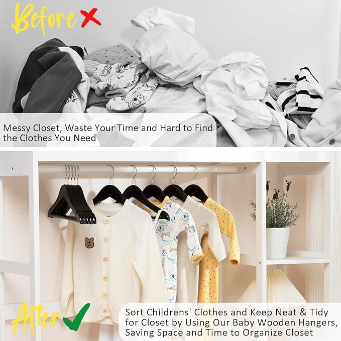 FairyHaus Kids Wooden Hangers 20Pack Black, 12.8 Inch Baby Wooden Hangers for Closet, Anti-Rust 360° Swivel Hook, Notches & Smooth Finish, Natural Solid Wood Childrens Hangers for Clothes