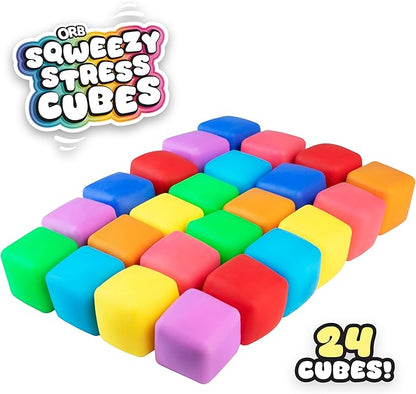 ORB 24 Pack Slow Rising Squishy Stress Cubes - Easy Sqweezy Squishy Cubes - Soft Dough Stress Balls and Fidgets for Anxiety and Stress Relief - Classroom Rewards, Party Favors for Kids, Teens, Adults