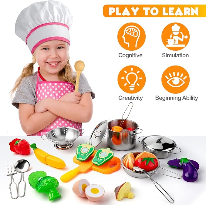 26PCS Play Kitchen Accessories, Kitchen Pretend Play Cooking Toys w/ Stainless Steel Cookware, Apron & Chef Hat,Pots and Pans Set, Cutting Foods, Great Learning Gifts for Toddler & Boys Girls