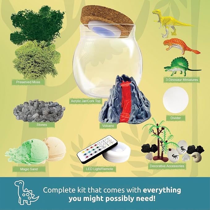 Dinosaur Light Up Terrarium Kit for Kids I Dinosaur Toys Craft Kits for Kids I Night Light for Kids Crystal Growing Kit I Terrarium Jar for Kids I Birthday Gifts for Girls Age 5-12