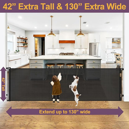 42" Tall X 130" Extra Wide Retractable Baby Gates for Large Openings Extra Tall Dog Gates for Doorways Extra Tall Pet Gate Indoor Outdoor Long Baby Gate Retractable Child Gate Tall Mesh Gate, Black