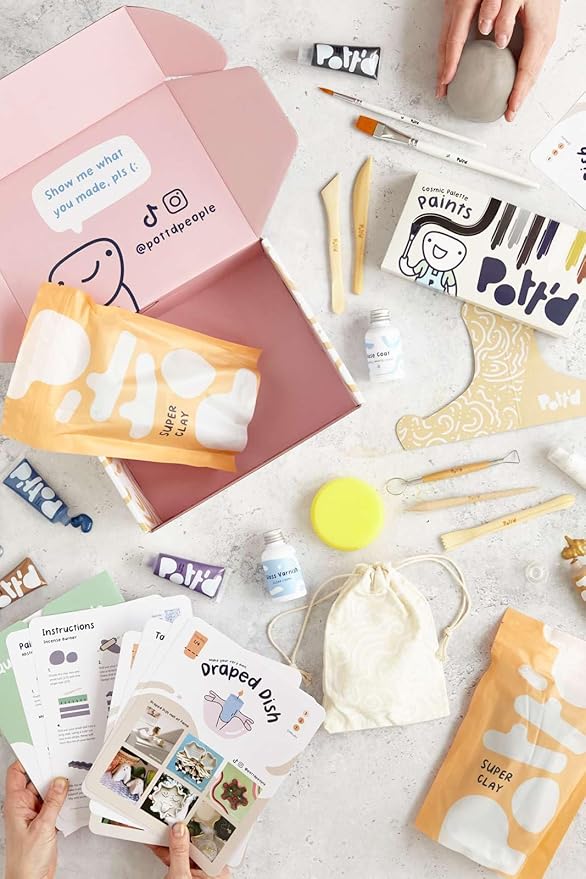 Pott'd Air Dry Clay for Adults. Beginners Home Pottery Kit for Adults. DIY Craft Kit for Adults. Kit Includes: Air-Dry Clay for Adults, Tools, Paints, Brushes, Sealant, How-to-Guides