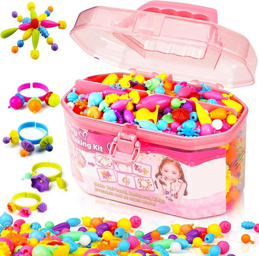 FUNZBO 650pcs Pop Beads - Jewelry Making Kit for 3 4 5 6 7 8 Year Old Little Girls, Arts and Crafts Toys for Kids, Necklace Bracelet Ring Creativity Snap Set Valentine Birthday Holiday Easter Gifts