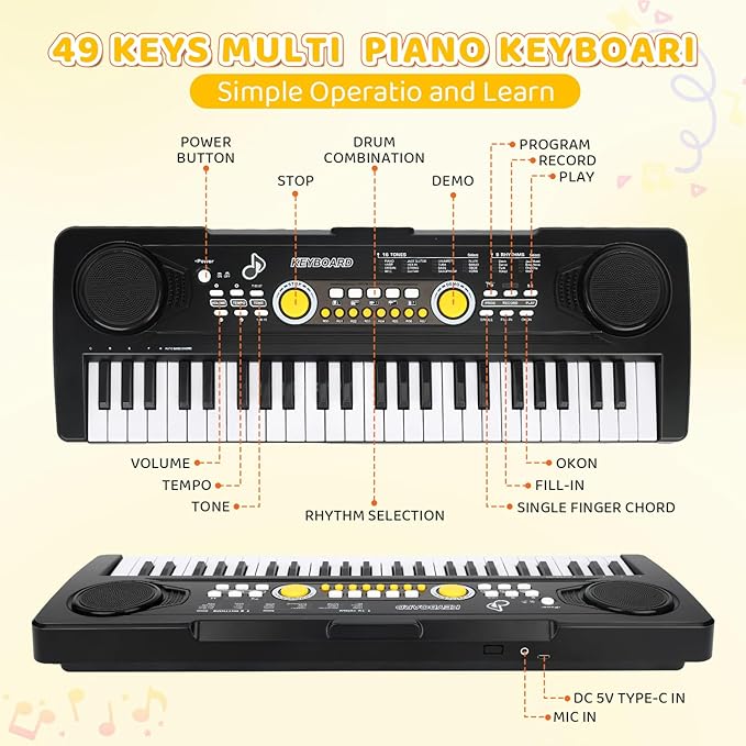Kids Piano Keyboard with Microphone, 49 Keys Portable Electronic Piano Keyboard for Kids Beginners Ages 3 4 5 6 7, Toy Music Keyboard Birthday Xmas Gift for Girls Boys, Black