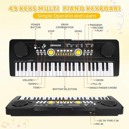 Kids Piano Keyboard with Microphone, 49 Keys Portable Electronic Piano Keyboard for Kids Beginners Ages 3 4 5 6 7, Toy Music Keyboard Birthday Xmas Gift for Girls Boys, Black