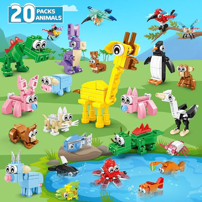 HOGOKIDS 20 Packs Party Favors for Kids, 60 Kinds of Mini Animals Toy Building Block Set for Classroom Prizes Goodie Bag Stuffers Christmas Valentines Easter Birthday Gift for Boys Girls Ages 6-12+
