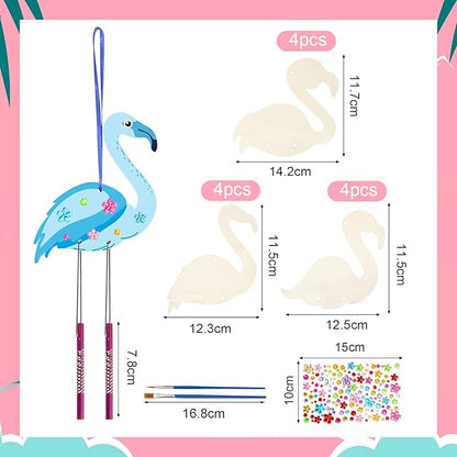 Fennoral 12 Pack Wind Chime Kit for Kids Make Your Own Flamingos Wind Chime Wooden Arts and Crafts for Girls Boys Ornaments DIY Coloring Flamingos Craft for Hawaii Summer Art Activity Birthday Party
