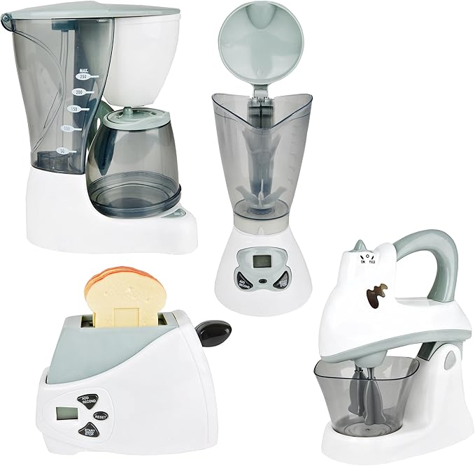 Constructive Playthings 4 pc. Pretend Play Action-Fun Appliances Set with 8" H. Blender, Mixer, Popping Toast Toaster and Water Dispensing Coffee Maker for Ages 3 Years and Up
