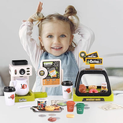 GAGAKU Toy Coffee Maker Machine and Cash Register Kit with Sound Light Kids Kitchen Pretend Play Sets Kitchen Appliances Toy for Boys Girls-Green