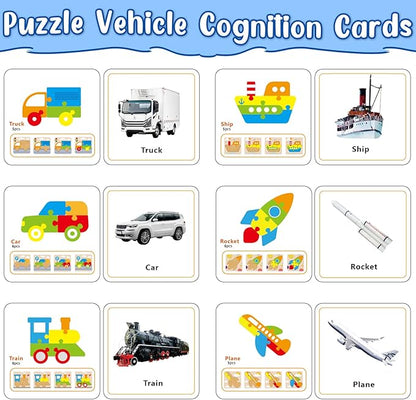 Wooden Vehicle Puzzles Toy Gift for 1, 2, 3 Years Old Boys Girls, Toddler Best Birthday Gift with 6 Vehicle Baby Montessori Color Shapes Learning Puzzles - Kids Educational Developmental Toys