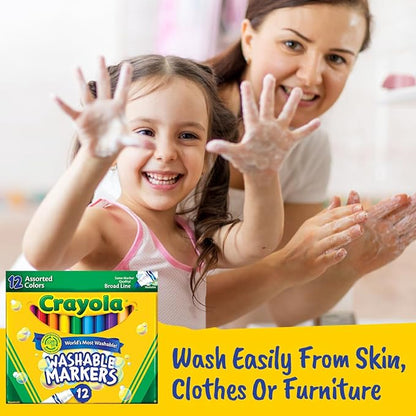 Crayloa Broad Line Markers for Kids Assorted Colors 2-Pack (24 Count) Classic Washable Markers for Classroom, School Supplies, Ages 3+ With Bonus Medium Paper Mate Pen