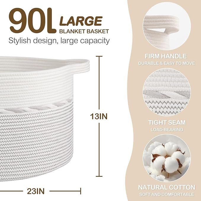 OIAHOMY 90L Blanket Basket for Living Room, Large Basket 23" x 23" x 13" with Handle, Laundry Hamper for Blankets, Pillows, Toy Storage for Kids, Dogs - Light Grey & White
