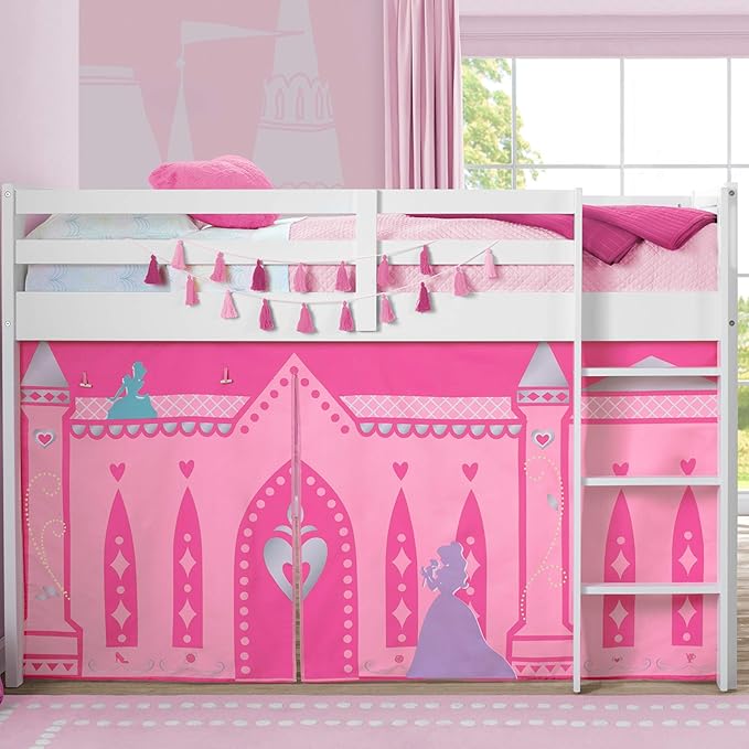 Delta Children Twin Loft Bed with Guardrail and Ladder + Tent (Bundle), White/Disney Princess