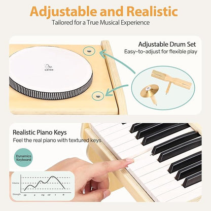 OATHX Kids Piano Keyboard, 25 Keys Digital with Drum Set and Volume Adjustable, 6 in 1 Musical Instruments for Kids Toddlers Baby Children, Wooden Mini Piano Gifts for Girls Boys Ages 3+