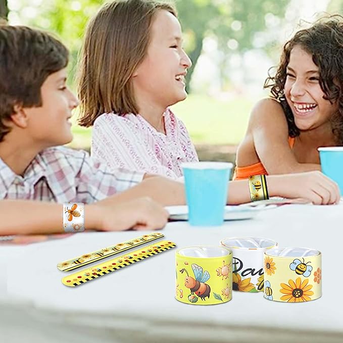 48pcs Bee Slap Bracelets Honeycomb Wristbands Assorted Color Bee Theme Party Favors Sunflower Wristband Honeybee Yellow Bee Birthday Slap Bands Baby Shower for Classroom Prizes