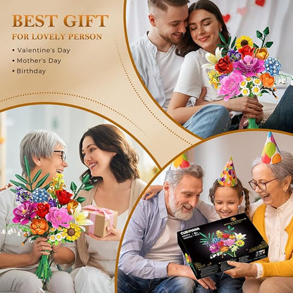Flower Bouquet Building Set - 1000 PCS Bouquet Botanicals Collection Gift for Valentine's Day for Her and Him, 15 Artificial Flowers Building Blocks Home Plant Decor for Adults Women Birthday