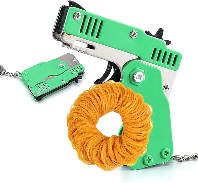 Kids Toys Cool Keychain Rubber Band Mini Metal Folding Rubber Launcher Toy with 60 Elastic Rubber Bands for Game Outdoor Activities (Green)