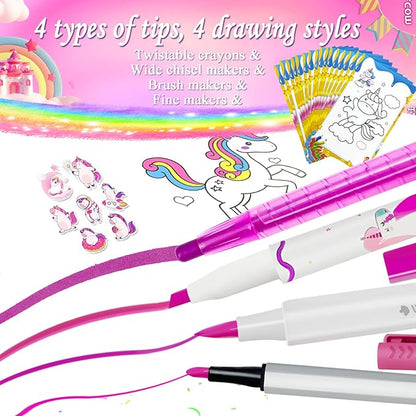 Kids Washable Scented Markers Set with Pencil Case, Kids Art Supplies Unicorn Markers Drawing Kits with Coloring Paper & Stickers for 4-8 Years Old Girls Birthday Gifts (Rainbow Unicorn, Multicolor)