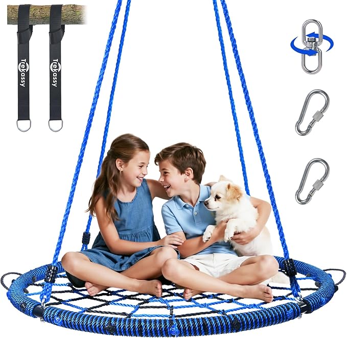 Trekassy 750lbs 40“ Spider Web Saucer Tree Swing for Kids Adults, Outdoor Net Swing with Steel Frame and 2 Hanging Straps-Blue+Black (Patented)
