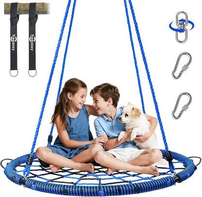 Trekassy 750lbs 40“ Spider Web Saucer Tree Swing for Kids Adults, Outdoor Net Swing with Steel Frame and 2 Hanging Straps-Blue+Black (Patented)