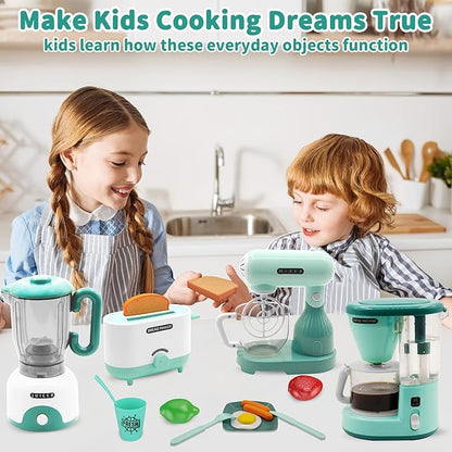 Kids Play Kitchen Accessories Toys Set, Pretend Play Kitchen Appliances Kit - Blender, Coffee Maker, Mixer, Toasters with Light & Sound, Playhouse Role Play Toy Gift for Girl Ages 3 4 5 6