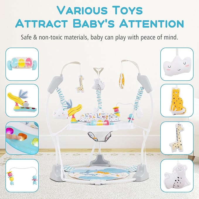 INFANS Baby Activity Center, 3 in 1 Play Center Jumpers and Bouncers with Music, Lights, Interactive Toys, 360°Rotating Seat, 3 Adjustable Heights, Exersaucer Learning Toys for Baby 6-12 Months (Blue)