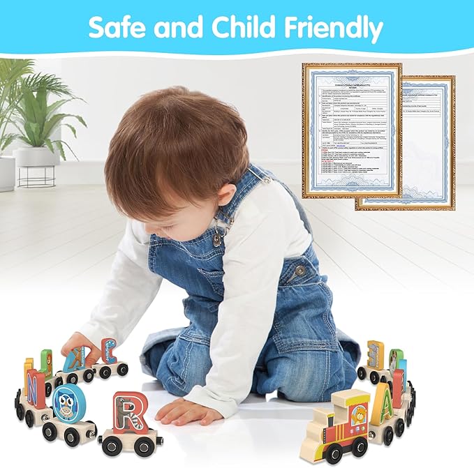 Wooden Alphabet Train Toys Spelling Tool Preschool Toddlers Montessori Educational Game Letter Car Magnetic for Kids Boys Girls 2 3 4 5 Years
