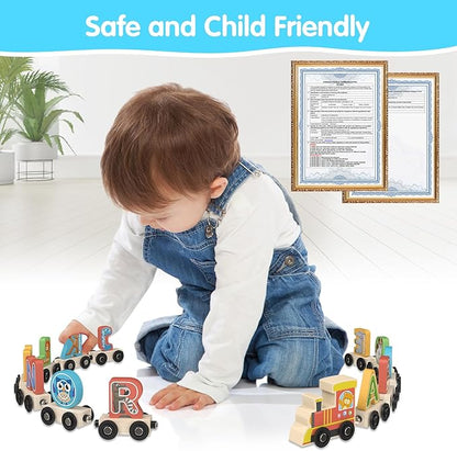 Wooden Alphabet Train Toys Spelling Tool Preschool Toddlers Montessori Educational Game Letter Car Magnetic for Kids Boys Girls 2 3 4 5 Years