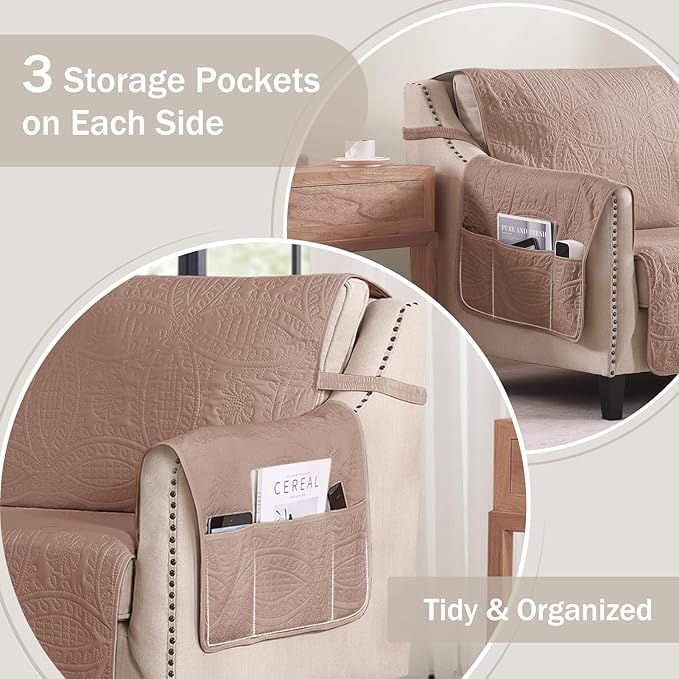 Quilted Pink Sofa Slipcovers with Pockets, Anti-Slip Medallion Designed Couch Covers for 3 Cushion Sofa, Couch Cover for Dogs Cats Water-Repellent Machine Washable (Large Sofa 68", Pink)