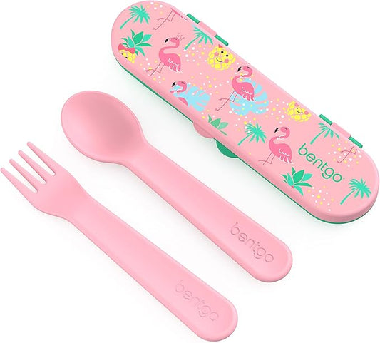 Bentgo Kids Utensil Set - Reusable Plastic Fork, Spoon & Storage Case - BPA-Free Materials, Easy-Grip Handles, Dishwasher Safe - Ideal for School Lunch, Travel, & Outdoors (Tropical)