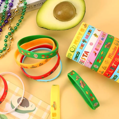 JUNEBRUSHS 42pcs Mexican Fiesta Silicone Bracelets Cactus Guitar Hat Rubber Wristbands Party Favors Accessories for Mexican Fiesta Birthday Party Decorations Gift (7 Designs)