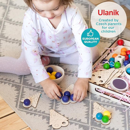 Ulanik Sweet Counting Large Toddler Montessori Toys for 3 Year Old + Kids Wooden Matching Game for Learning Color Sorting and Counting — 60 Balls, 0.98 in