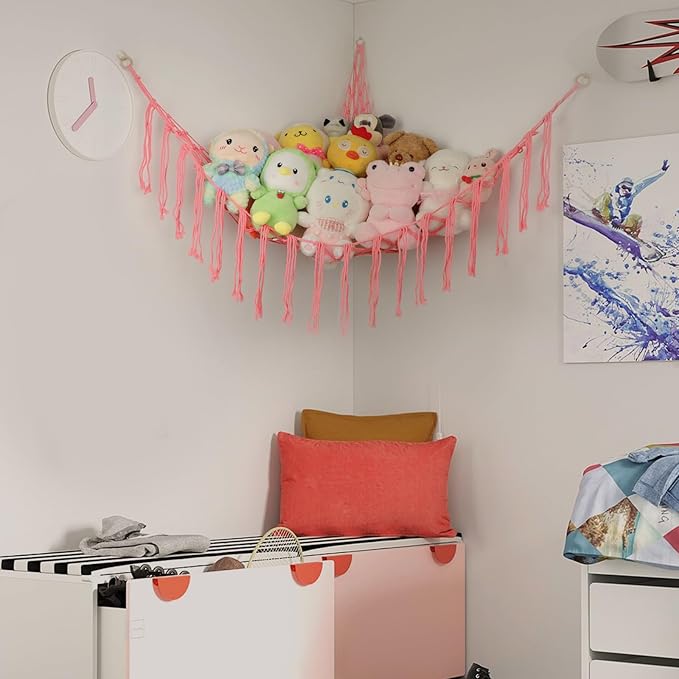Boho Stuffed Animals Net or Hammock Large,55 inch Toy Hammock Macrame Stuff Animal Storage Corner Hanging Net Holder,Mesh Hammock Plush Toy Organizer with Hooks for Bedroom,Nursery (Pink)