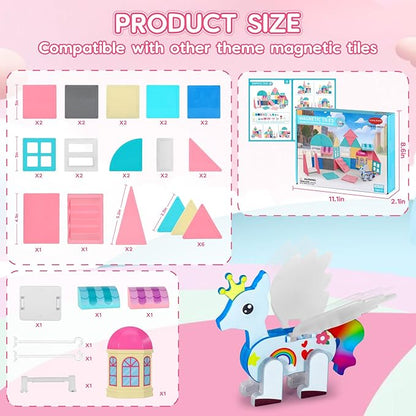 Unicorn Magnetic Tiles, Unicorn Toys for Girls Age 4-6, Princess Castle Magnet Toy for Kids Ages 4-8, Movable Magnetic Tiles 3D Educational Sensory Toys, Xmas Birthday Gifts for Boys and Girls