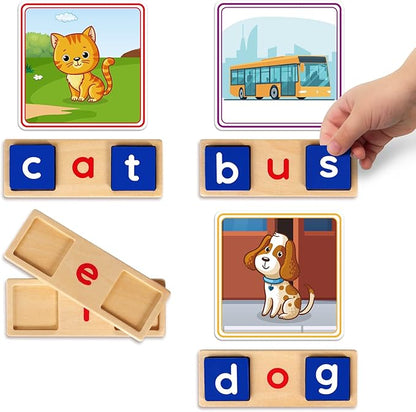 Learnign Toys for 2 3 4 5 6 Years Old Boys Girls, Wooden CVC Reading Spelling Game for Kids, Preschool Kindergarden Learning Activities, Educational Toys Gifts for 2-4 3-5 4-6 Year Old Kids