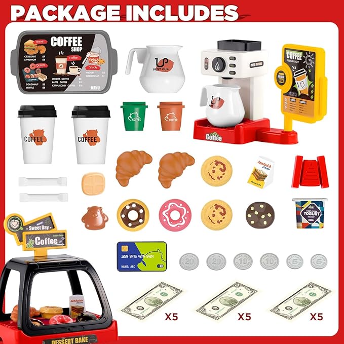 GAGAKU Toy Coffee Maker Machine and Cash Register Kit with Sound Light Kids Kitchen Pretend Play Sets Kitchen Appliances Toy for Boys Girls-Red