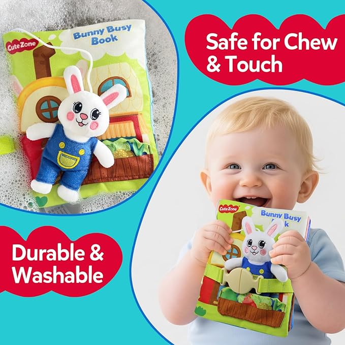 Busy Book for Toddlers 1-3, Montessori Quiet Book with 12 Activities and Attached Bunny, Soft Toddler Busy Board for Fine Motor Skills, Travel Toy Gift for 1+ Year Old Boys Girls