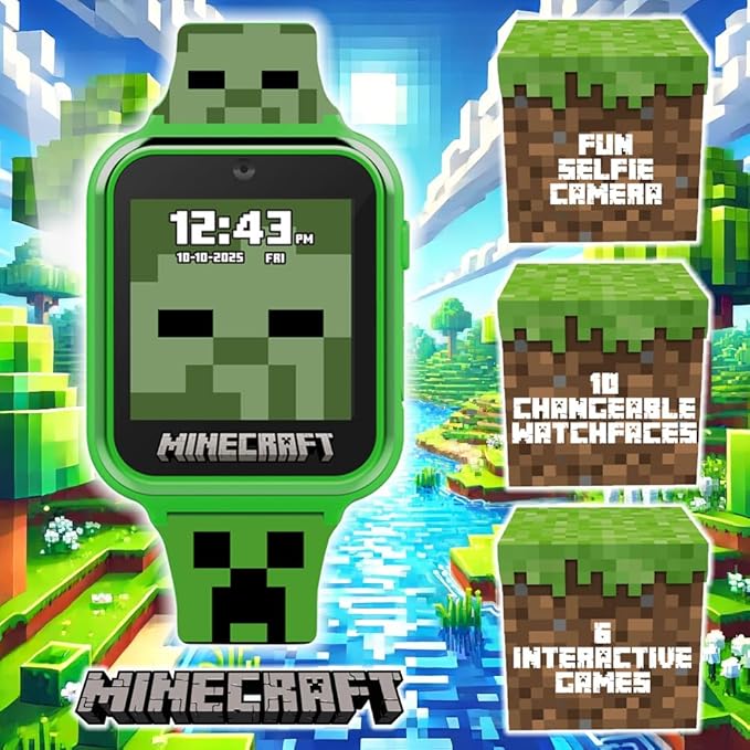 Minecraft Kids Smartwatch - Interactive LED Screen Watch with 10 Custom Watch Faces, Games, Camera, Alarm, Step Tracker & More - Fun Tech Gift for Boys and Girls - Fits Wrists 5.5'' to 8.0"