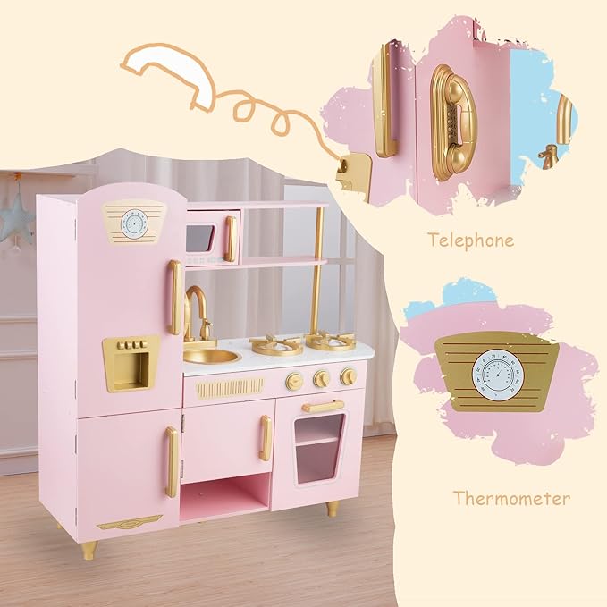 Kitchen Playset for Kids Ages 3-8, Wooden Pretend Play Kitchen, Including Telephone, Ice Maker, Refrigerator, Dimensions: 35” H x 31” W x 12” D (Pink)