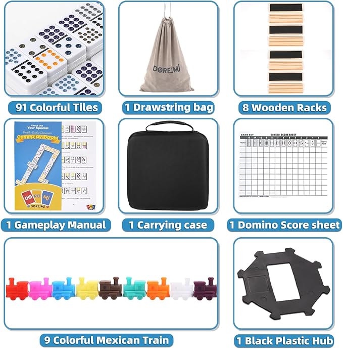 Mexican Train Dominoes Set with 8 Wooden Racks, Double 12 Colored Dot Dominoes with Update Hub, Travel Domino Train Game with 91 Tiles and Portable Carry Case, Family Board Team Games