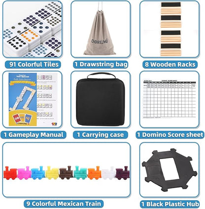 Mexican Train Dominoes Set with 8 Wooden Racks, Double 12 Colored Dot Dominoes with Update Hub, Travel Domino Train Game with 91 Tiles and Portable Carry Case, Family Board Team Games