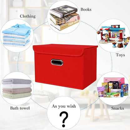 STOREONE Fabric Storage Cube Bins Foldable Organizer Container Collapsible Basket with Lids and Metal Handles, for Home, Bedroom, Closet 8 Pcs (Red)