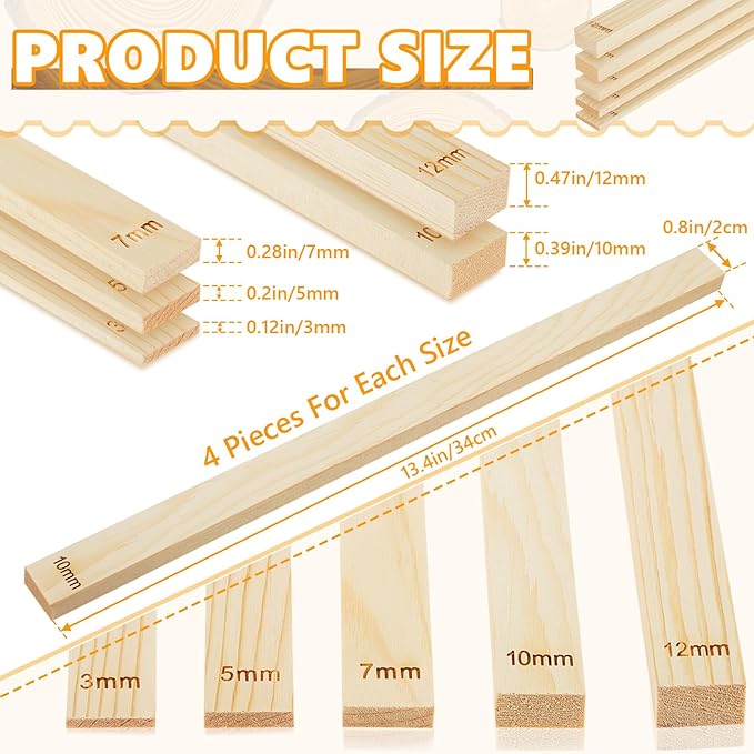 Sasylvia 20 Pcs Pottery Rolling Pin Guides Wood Teaching Rolling Mud Stick Guide Set Polymer Clay Depth Guide Pottery Tools Clay Mudboard Tools (5 Size,Wood Color)
