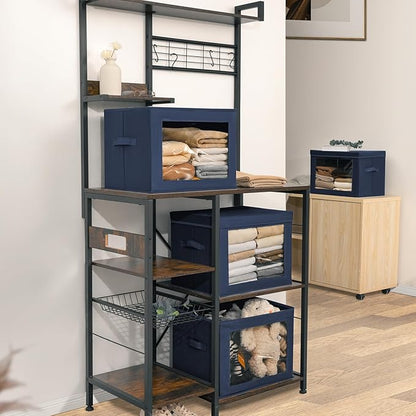 Homsorout Stackable Storage Bins with Lids - Large Decorative Basket with Lids, Fabric Foldable Closet Organizer Bins, Shelf Organizer for Living Room, Dorm, 5 Pack, Navy Blue