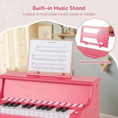 HONEY JOY Wooden Kids Piano, 25 Lighted Keys Kids Keyboard Piano w/Music Stand, Bench, Early Learning Educational Musical Instrument, Baby Music Toy for 3+ Years Old Toddlers Boys Girls (Pink)